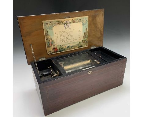 A Late 19th century Swiss cylinder music box, playing ten airs on a 16cm cylinder, with lyre tune indicator, the printed and 