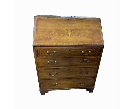 An Edwardian mahogany bureau, the inlaid fall front above four long drawers on bracket feet, height 102.5cm, width 76cm, dept