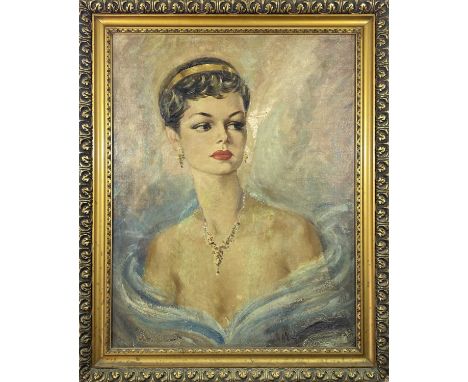 A 1950's oil on board portrait of an elegant woman, 72 x 56cm.