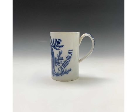 An 18th century pearlware mug, transfer printed in blue and white with a portrait of George III and Charlotte, and titled 'Ki