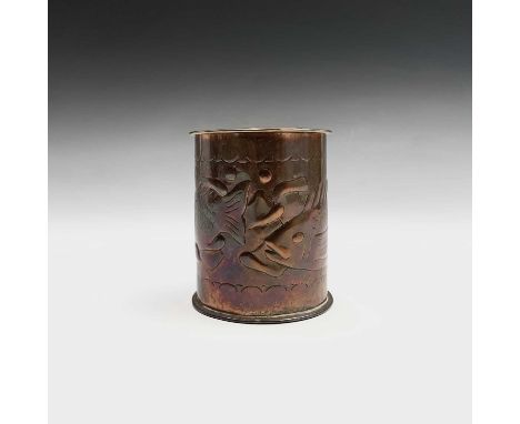 A Newlyn copper tea caddy of cylindrical form, the body decorated with two fish, the lid with repousse text 'Tea', stamped Ne
