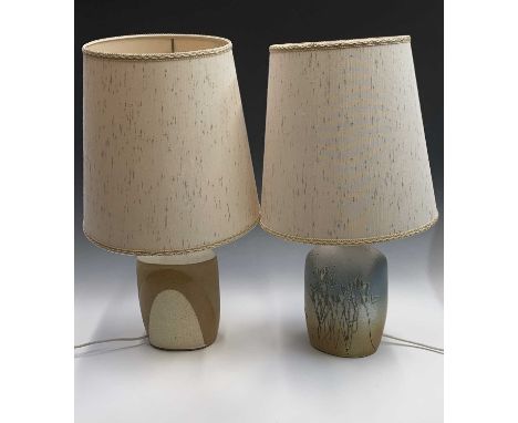 A Tremaen studio pottery table lamp with shade, with original adhesive label, overall height 65cm, together with another simi