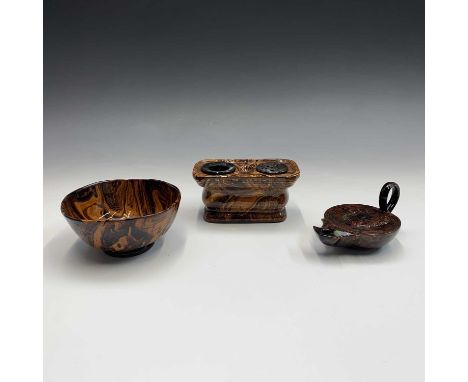 A 19th century agateware pottery inkstand, fitted with a removable inkpot and sander, width 15cm, together with a similar aga