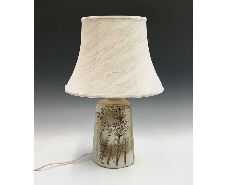 A studio pottery table lamp, probably Tramaen, with impressed cow parsley decoration, with shade. Height 55cm overall.