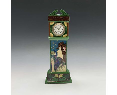 A Foley Intarsio pottery model of a longcase clock, designed by Frederick Rhead, colour decorated with an Art Nouveau lady bl