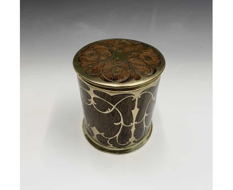 An early 20th century rosewood and brass inlaid biscuit barrell, probably Erhard &amp; Sohne. Height 16cm.Condition report: T