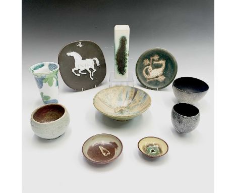 Two small egg shaped vessels by Peter Wray, a crystalline glaze dish by Roy MacIness, a seahorse plate by Michele Cowmeadow, 