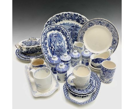 A set of five Spode 'Blue Room' collection covered herb jars, height 11cm, together with other blue and white china in one bo