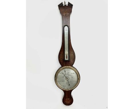 A Victorian mahogany wheel barometer, inlaid in the Neoclassical taste, the silvered dial signed P.L.D Martinelli, No. 82 Lea