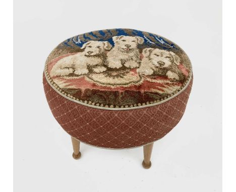 A mid century upholstered stool, the top machine tapestry decorated with three terriers, on turned beech legs, height 40cm, d