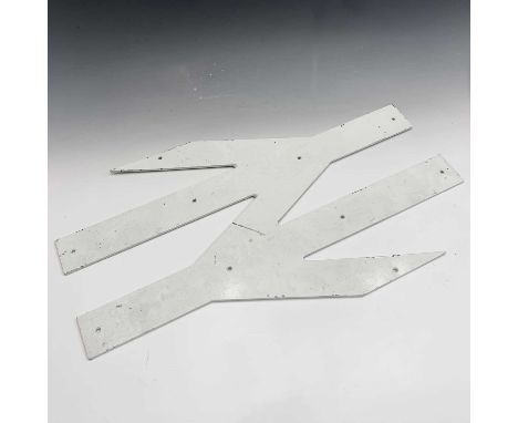 Railwayana - A British Rail white painted metal double arrow logo sign. 46cm x 76cm.