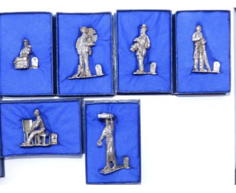 A set of 12 boxed modern silver 'milestone' figures; Chair mender, Boot-black, Mutton man, Hurdy-gurdy man, Flower seller, Ch