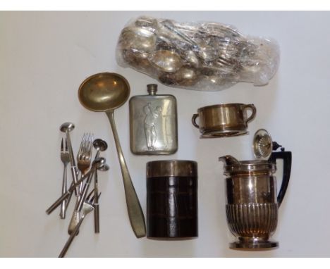 An EP hot water jug, a modern pewter golfing flask – 'Jamjar 1984', a quantity of EP cutlery and other items.
