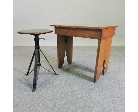 A Waring and Gillows table, 41 x 57cm and stool, 30cm