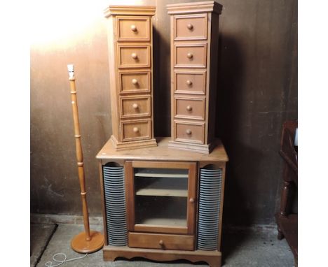 A pine chest, 88cm, together with two narrow pine chest and a standard lamp