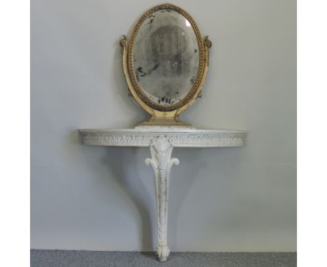 A Victorian cream painted half round console table, 107cm, together with a gilt framed oval swing frame mirror