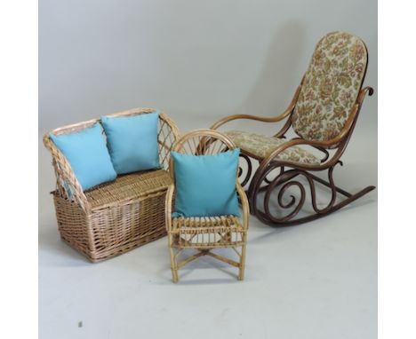 A 19th century Thonet style bentwood rocking chair, together with a children's wicker sofa and armchair