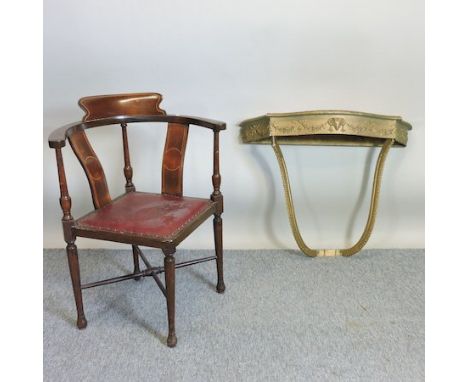 A gilt painted console table, 76cm, together with an Edwardian mahogany and inlaid corner chair