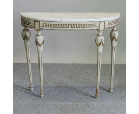 A 19th century style white painted marble top console table, 94cm