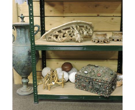 A 19th century style metal urn, 81cm high, together with a marble and gilt metal wall shelf, a hardstone set casket, painted 