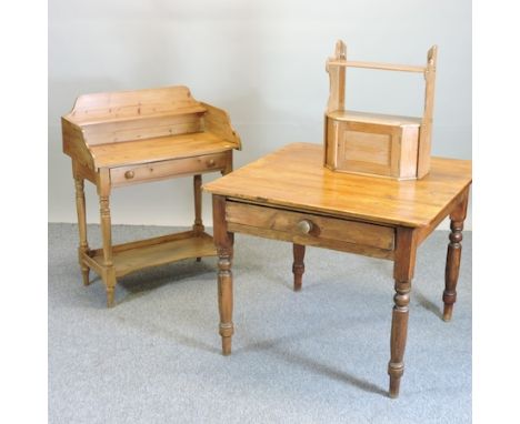 An antique pine washstand, together with a small pine shelf and a pine work table, 92 x 90cm