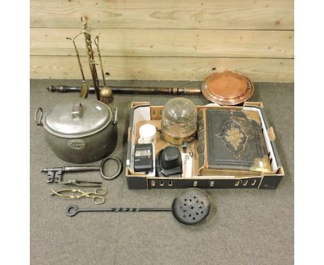 A collection of metalwares, to include a metal pot and cover, a large iron key, a copper warming pan, fire tools, a bible and