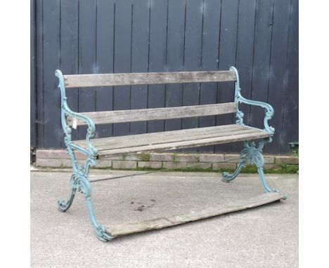 A slatted wooden garden bench, with painted ends, 160cm