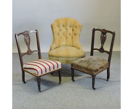 A Victorian gold upholstered button back armchair, together with a pair of Edwardian side chairs