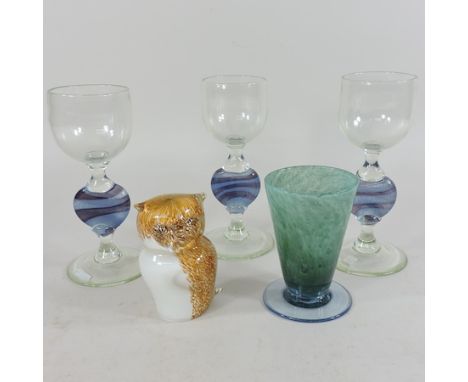 A collection of 20th century Scottish glassware to include a Selkirk glass paperweight, in the form of an owl, signed to the 