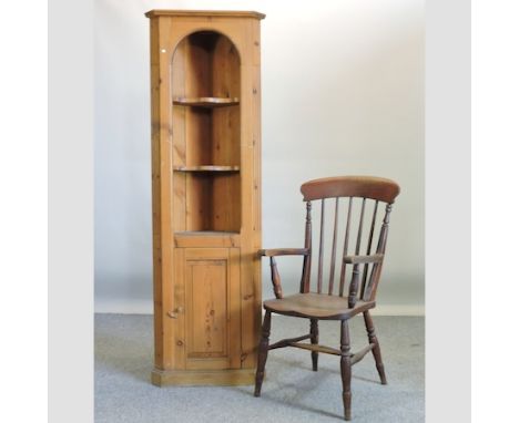 A 19th century elm seated stick back chair, together with a pine narrow corner cupboard, 60cm