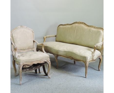 A 19th century style silk upholstered gilt painted sofa, 167cm wide, together with a matching armchair