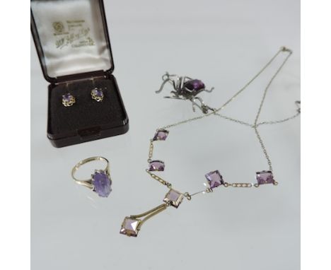 An amethyst and silver insect brooch, together with a 9 carat gold ring, necklace and pair of earrings