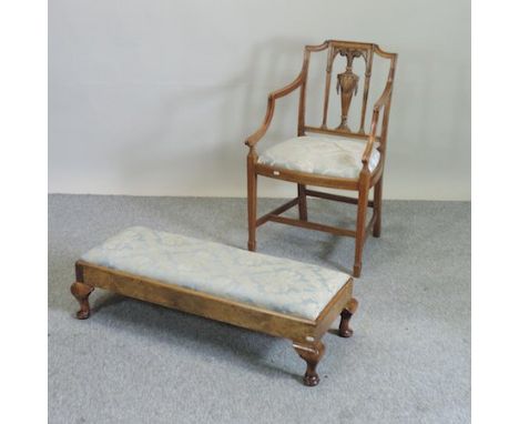 An Edwardian cream upholstered elbow chair, together with a matching stool