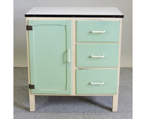 A mid 20th century enamel topped painted kitchen cupboard, 77cm wide