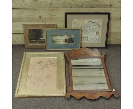 A George III style mirror, 74 x 47cm, together with Richard Blome, hand coloured map of Yorkshire, Dixie Graham, watercolour 