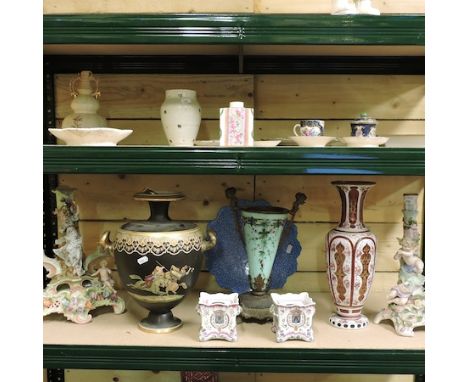 A collection of continental porcelain and glassware to include a Bohemian ruby overlaid glass vase, 36cm high