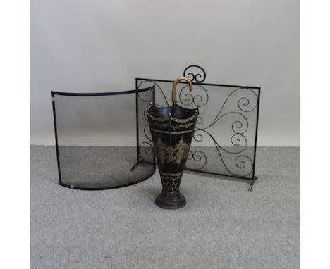 A painted stick stand, together with two spark guards, largest 85cm