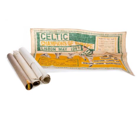 CELTIC F.C. CHAMPIONS OF EUROPE 1967,printed on 'Pure Irish Linen', 51cm x 77cm, along with three 1970s Celtic posters