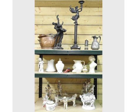 An Egyptian style candlestick, 63cm high, together with a figure of a ballerina and a collection of continental figural china