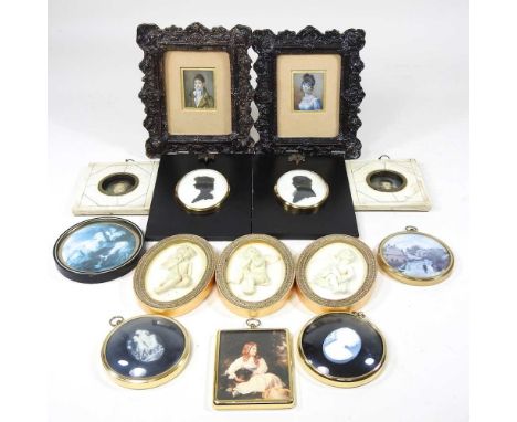 A pair of portrait miniatures, 4.5 x 3.5cm, together with a pair of silhouettes and miniature prints. Note: a non-transferabl
