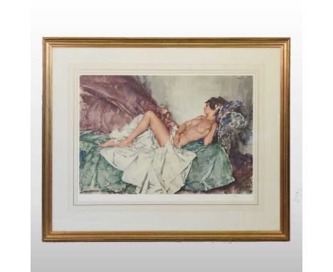 William Russell Flint, 1880-1979, reclining nude, limited edition print, numbered 63/850, with gallery blind stamp, 39 x 57cm