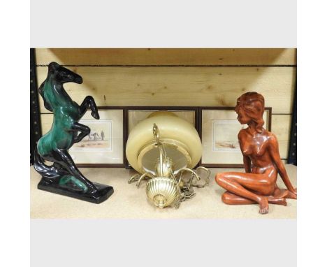 A collection of pottery, to include a Poole style model of a horse, pictures and a hanging light