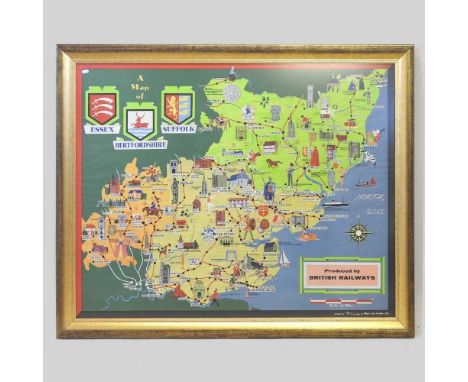 A British Railways map of Essex. Hertfordshire and Suffolk, designed by M Camidge of Maps and Guides Ltd, framed