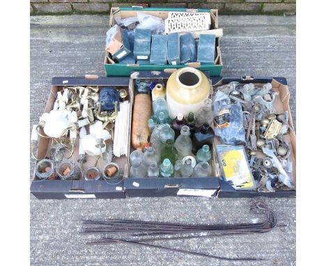 A collection of door furniture, sash pullys, bottles, tealights and other items