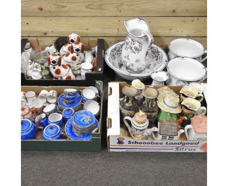 Four boxes of china, to include Staffordshire pottery, a collection of novelty teapots, Japanese tea service and a jug and bo