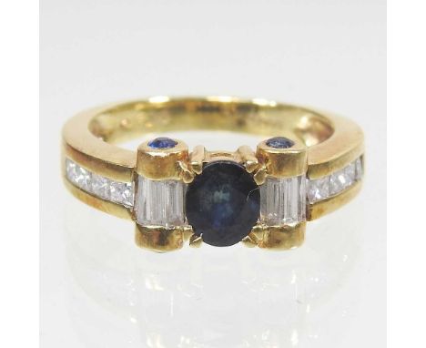 An 18 carat gold, sapphire and diamond ring, with diamond shoulders, 5.5g, size N, boxed