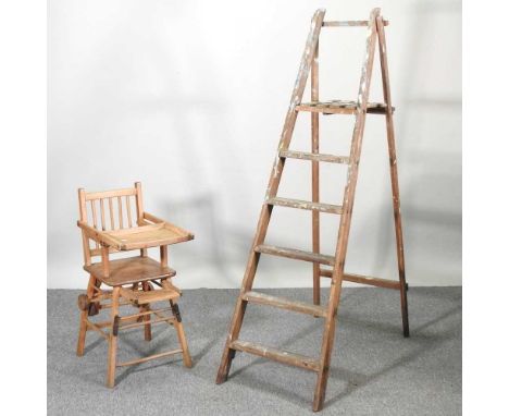A wooden ladder, together with a mid 20th century high chair (2)
