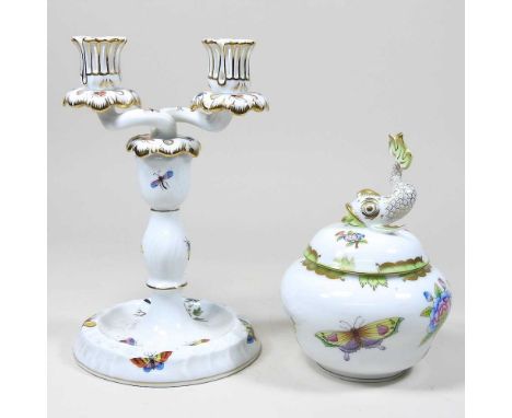 A Herend porcelain candelabra, decorated with birds, insects and flowers, 23cm high, together with a Herend porcelain jar and