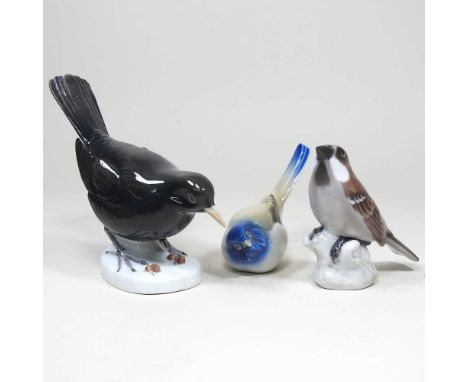 A Royal Copenhagen porcelain model of a blackbird, no.2405, 15cm high, together with a sparrow and a tit (3)Overall condition