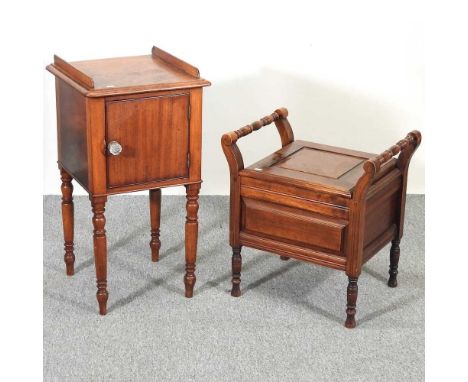 An Edwardian walnut commode stool, 53cm wide, together with a 19th century mahogany pot cupboard, on turned legs (2)